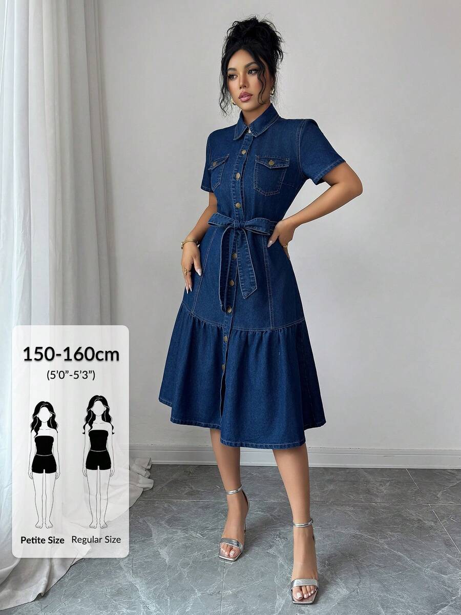 SHEIN PETITE Women's New Commuter Everyday Shirt Dress Denim Dress,Petite Women Navy Blue Autumn Casual - Dark Wash - View 1