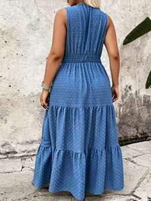 Breezaya Falda con volantes y encaje en escote en V de talla grande, vestido de burbuja casual de vacaciones con estampado de lunares jacquard de índigo azul vaquero de aspecto de mezclilla - Azul - Ver 2