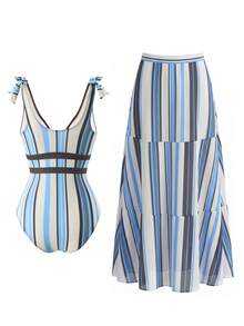 Swim Oasis Printed Deep V-Neck Strap Tie One-Piece Mesh Long Dress Women Swimsuit Set - Multicolor - View 4