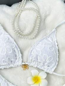 Swim Mod 2pcs/Set Solid Color Sunflower Fabric Triangle Halter Front Chest Fashion Metal Flower Decor Cute Influencer Vacation Bikini Swimwear For Women - White - View 4