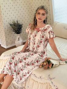 CottageSlumber Plus Size Women's Casual Floral Print Double Ruffle Collar Long Nightgown - Multicolor - View 3