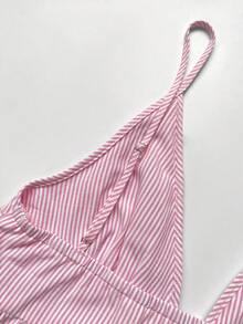 Elamini Blusa sexy de mujer con cuello en V con volantes, sin mangas, con diseño de lazo en la parte delantera, a rayas en color rosa, adecuada para uso casual, vacaciones, fiestas y atuendos de verano - Rosa - Ver 4