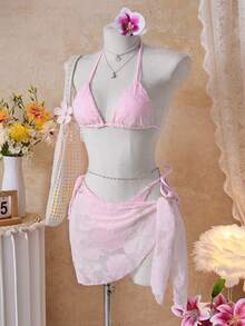 Bellisia Women's Summer Beach Solid Color Halter Tie Sexy Bikini Swimwear Set With Cover-Up And Skirt - Multicolor - View 3