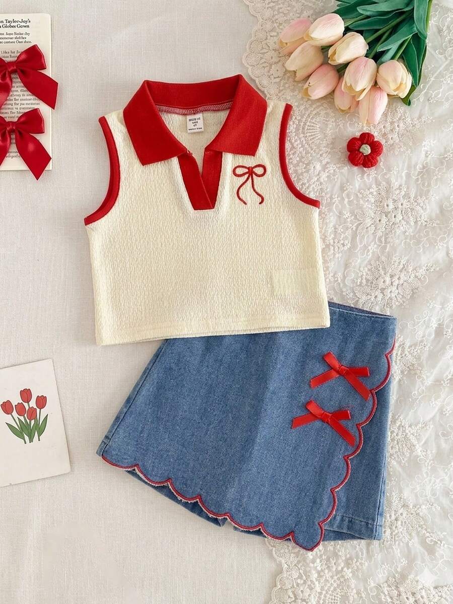 Elladie kids 2件組少女夏季校園風杏色紋理針織背心上衣與牛仔裙褲,荷葉邊下擺、櫻桃刺繡、復古可愛愛心裝飾套裝 - 杏色 - 查看 1