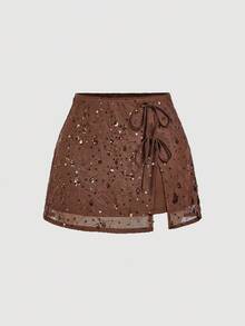 SHEIN MOD Váy ngắn thắt nơ sequin xanh lá cây, váy sequin, váy sequin nâu, váy lấp lánh, trang phục lễ hội Rave, thu/đông, Halloween, Goth, phương Tây - Cà phê nâu - Xem 1