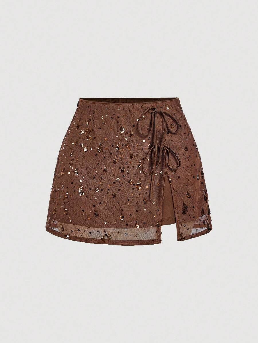 SHEIN MOD Váy ngắn thắt nơ sequin xanh lá cây, váy sequin, váy sequin nâu, váy lấp lánh, trang phục lễ hội Rave, thu/đông, Halloween, Goth, phương Tây - Cà phê nâu - Xem 1
