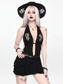 ROMWE Goth 春夏哥特风露背镂空刺绣度假迷你连衣裙，性感植物眼设计 - 黑色 - 查看 5