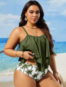 Swim Lushoire Plus Size Women Summer Beach Ruffled Camisole Tankini Set - Multicolor - View 6