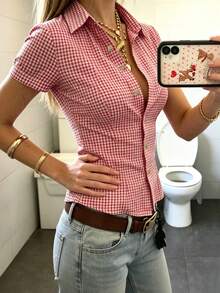 EMERY ROSE Women's Polo Collar Short Sleeve Fitted Shirt - Red - View 5