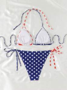 SHEIN Swim 2026 Spring/Summer Plus Size Swimwear Set, American Flag Print, Deep V-Neck, Spaghetti Strap, Triangle Bikini Bottom, Sexy Beach/Pool/Party Outfit - Multicolor - View 2