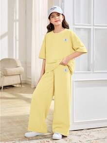 SHEIN 2pcs Tween Girls Casual Loose Comfortable Round Neck Short Sleeve T-Shirt And Pants Set - Yellow - View 5