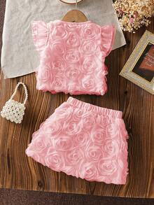 SHEIN 2pcs Baby Girl Elegant Dusty Pink Summer Clothing Set Chic 3D Rose Floral Mesh Tulle Flutter Sleeve Tops & Skirts Formal Concert Birthday Party Dress - Pink - View 2