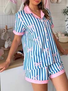 SweetSlumber Conjunto de pijama de mujer con lazo a cuadros y contraste de color en el cuello estilo Sweet Ins - Multicolor - Ver 6