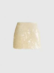 ROMWE Fairycore Plus Size Women Sequin Versatile Date Night Mini Skirt Fall - Beige - View 2
