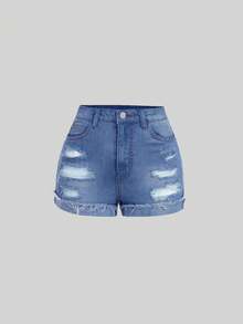 SHEIN Girlism Teen Girl Distressed Pocket Frayed Hem Denim Shorts - Medium Wash - View 3