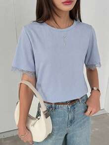 DAZY Women's Summer Round Neck Short Sleeve Lace Patchwork Pullover Casual Minimalist T-Shirt - Blue - View 2