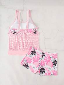 Swim Lushoire Swim Lushore 女士两件套印花随机图案吊带背心泳衣套装，带网眼收腹设计，搭配短裤。 - 粉色 - 查看 5