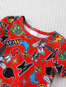 LOONEY TUNES X SHEIN GraphicGems 2件套春夏男婴卡通印花短袖T恤和短裤针织弹力面料紧身舒适家居服套装 - 紅色 - 查看 6