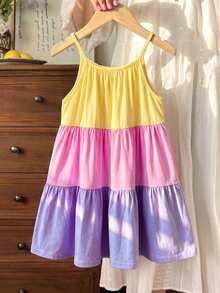 Young Girl Vacation Casual Street Chic Halter A-Line Color Block Splice Dress, Suitable For Vacation, Beach, Seaside - Multicolor - View 7