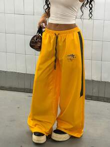 StreetHx Women's Fashionable Y2k Contrast Color Drawstring Waist Sports Street Pants Gym Yellow Autumn - Yellow - View 1