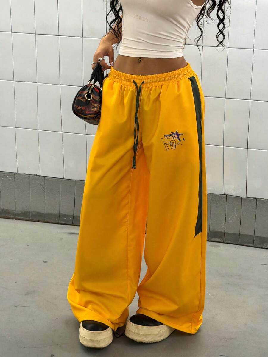 StreetHx Women's Fashionable Y2k Contrast Color Drawstring Waist Sports Street Pants Gym Yellow Autumn - Yellow - View 1