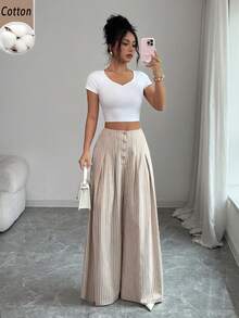 Elenzga Women's Autumn Pastal Stripe Cotton Wide-Leg Trousers Fashionable Loose-Fitting Button-Down Pleated Casual Elegant Girlisim Vacation White Brunch - Khaki - View 4
