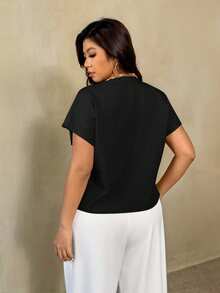 Auralis Women's Black Summer Elegant Formal Evening Work Blouse,Plus Size Crossover V-Neck Metal Button Dropped Shoulder Short Sleeve Office Wear Uniform - Black - View 3