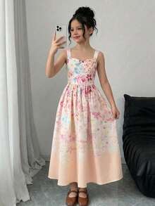 Tween Girl Casual Everyday Pink Floral Pattern A-Line Spaghetti Strap Dress - Pink - View 7