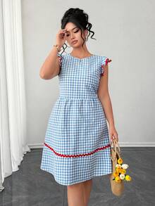 Elenzga Plus Size Summer Casual Plaid Patchwork Ribbon & Ruffle Hem Dress - Blue - View 5