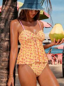 Swim Mod Bộ bikini mùa hè dành cho nữ, họa tiết nhiều màu sắc ngẫu nhiên, dây mảnh và cúp ngực tam giác, đồ bơi và trang phục đi biển. - Màu vàng - Xem 1