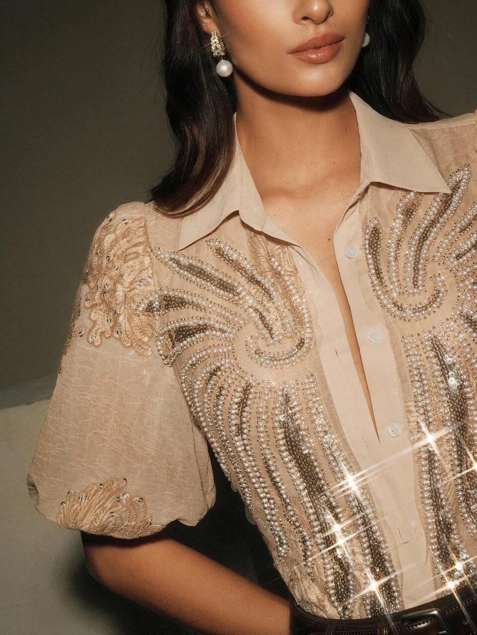 Anewsta Women's Spring/Summer Tops, French Elegant High-End Heavy Embroidery Beaded Sequin Design Chiffon Fabric Puff Sleeve Collared Khaki Shirt, Perfect For Work Commutes, Dates, Evening Events And Everyday Wear