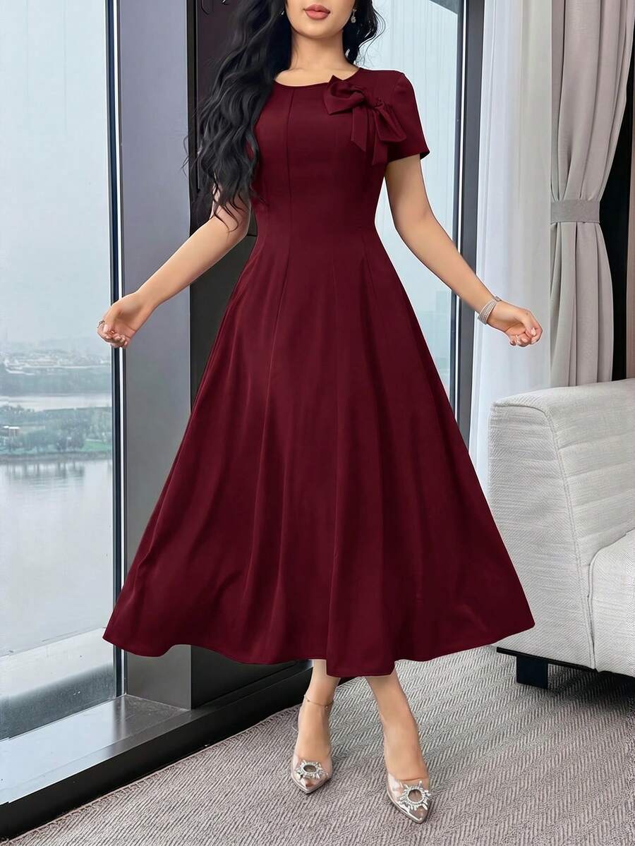 Modelyn Đầm trơn màu trơn thanh lịch dành cho nữ, điểm nhấn là nơ trang trí, thích hợp cho mùa hè. - Màu Đỏ Sâu - Xem 1