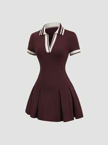 Sweetra Đầm thể thao đa năng kiểu Anh cổ polo Y2K - Màu Đỏ Sâu - Xem 3
