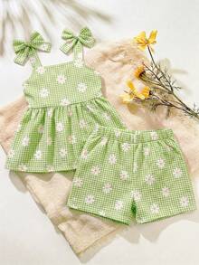SHEIN 2件套女婴幼儿/新生儿0-3岁休闲日常可爱度假条纹蝴蝶结装饰吊带背心+短裤套装，春夏款 - 綠色 - 查看 2