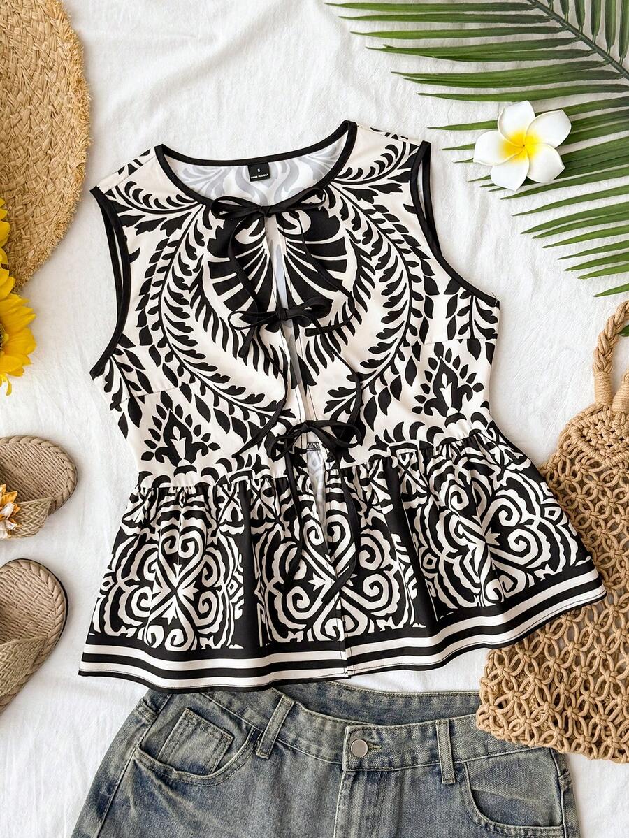 Travachic Women's Summer Casual Vacation All-Over Print Front Tie Round Neck Ruffle Hem Camisole - Multicolor - View 1