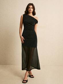 Poéselle Women's Elegant Sexy Black Glitter Off-Shoulder Midi Dress, Sheer Mesh Mermaid Hem, Summer Glow Party Night Out Wedding Guest Cocktail - Black - View 5