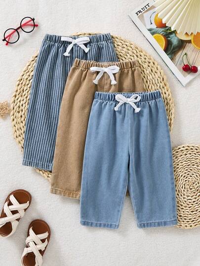 3 st. kakifärgade, blå, blå och vita randiga löst avsmalnande jeans för babypojkar