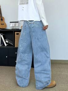 STEELVANCE Quần jeans nam ống rộng dáng suông, kiểu dáng thường ngày, có thêu hình ngôi sao ở túi sau, phong cách đường phố. - Rửa nhẹ - Xem 6