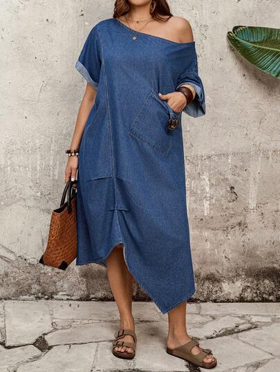 EMERY ROSE Mature Denim Plus size zomerse casual jurk van spijkerstof met asymmetrische zoom en losse pasvorm en zakken