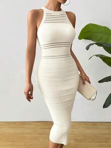 SHEIN Clasi 女士无袖休闲简约纹理镂空褶皱针织连衣裙 - 米色 - 查看 6