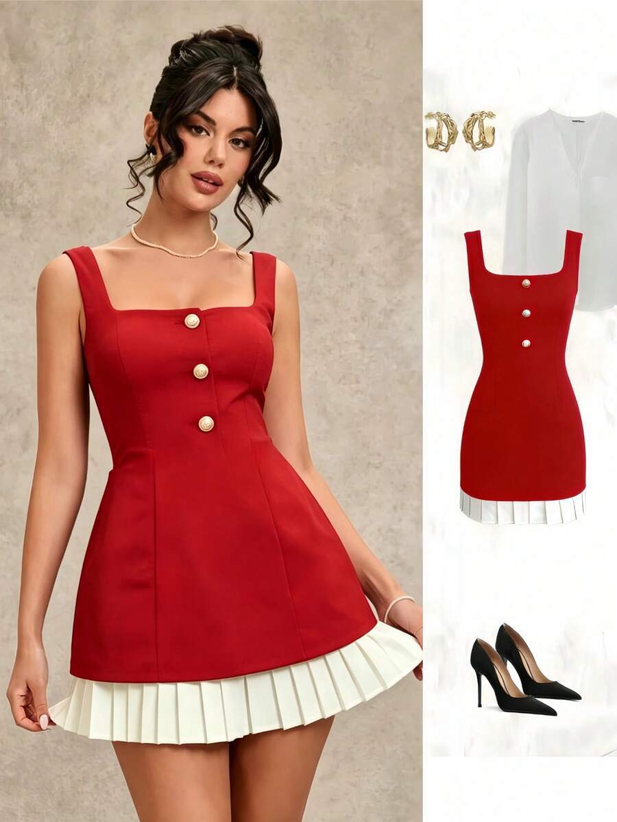 Romantic And Sweet Black And White Dating Dress With Ruffled Hem, Layered Garment In Spring, Summer And Autumn. - Burgundy - View 1