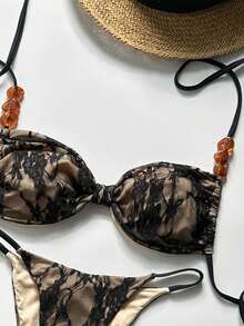 Swim SXY 3 Stücke Spitze Maxikleid, Bikini Bademode Set, sexy Trägerkleid mit Perlenverzierung, geeignet für Strand, Resort, Pool Party - Schwarz - Übersicht 3