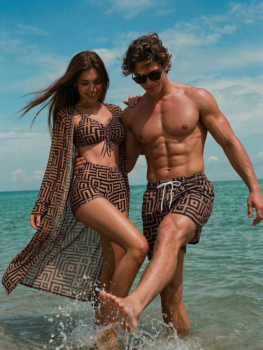 Manfinity Swimmode Celana Pendek Pria Kasual Elegan Motif Geometris dengan Tali Serut di Pinggang untuk Liburan Pantai, Warna Hitam, Cocok untuk Liburan Pasangan di Musim Panas, Tropis, Hawaii, dan Berenang.