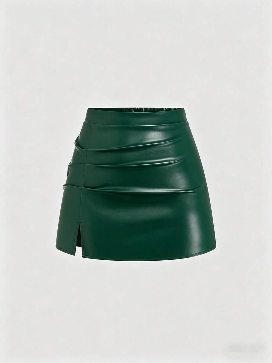 Sweetra Plus Size Slit Pleated PU Mini A-Line Skirt, Bodycon Flattering - Dark Green - View 1