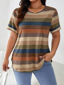SHEIN LUNE Plus Size Casual Modest Traditional Whimsical Colorblock Striped Short Sleeve T-Shirt Bussines Office Vacation Dusty Blue Summer - Multicolor - View 4