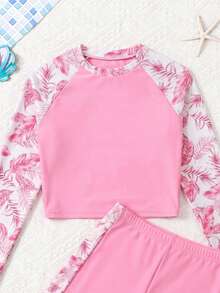 SHEIN Set Baju Renang Atasan dan Celana Pendek Lengan Raglan Motif Tanaman Tropis untuk Remaja Perempuan - Berwarna merah muda - View 4
