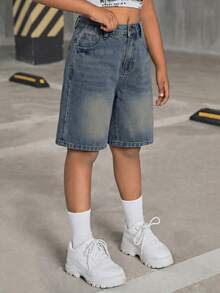 SHEIN Tween Girl Y2K Fashionable Stonewashed High Waist Flap Pocket Baggy Denim Shorts, Back To School Summer - Dark Wash - View 8