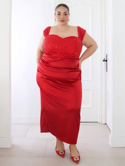 Pretty and Ole Vestido de fiesta ajustado con hombros descubiertos, parches de lentejuelas y drapeado para mujer de talla grande
