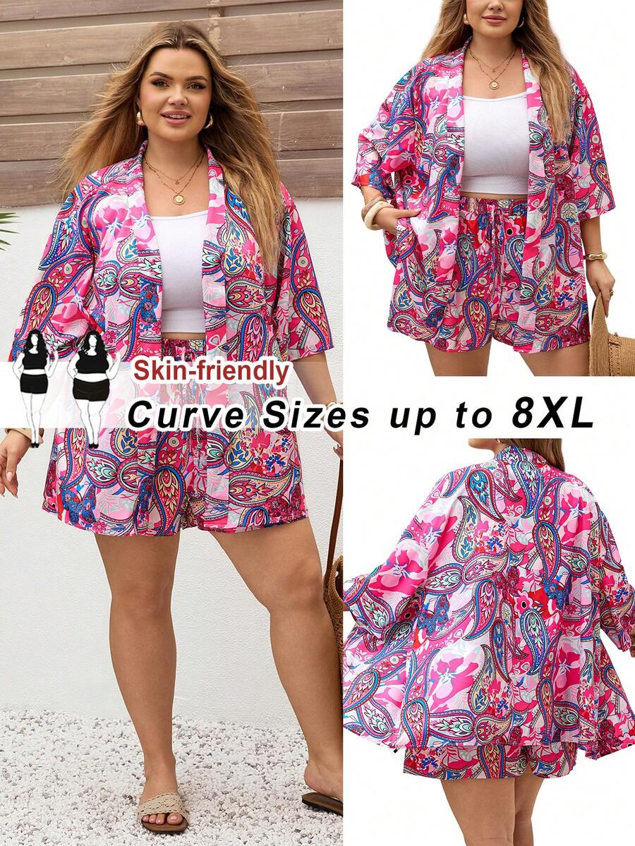 SHEIN CURVE+ 大码女装夏季印花衬衫短裤两件套，宽松沙滩海岛度假休闲短款和服套装，泳池派对装扮，椰子女孩，夏季波西米亚风女装，早午餐装扮，机场装扮，海滩度假装扮，城市短途旅行装扮，假日装扮，西式女装，加大码西式女装，欧洲夏季海岛度假装扮，蜜月装扮，老钱女人 - 彩色 - 查看 1