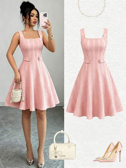 Elenzga New Arrival Square Neck Sleeveless Pearl Button Decor Elegant Versatile Women Dress